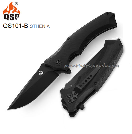 QSP Sthenia Flipper Folding Knife, 440C Black, G10 Black, QS101-B
